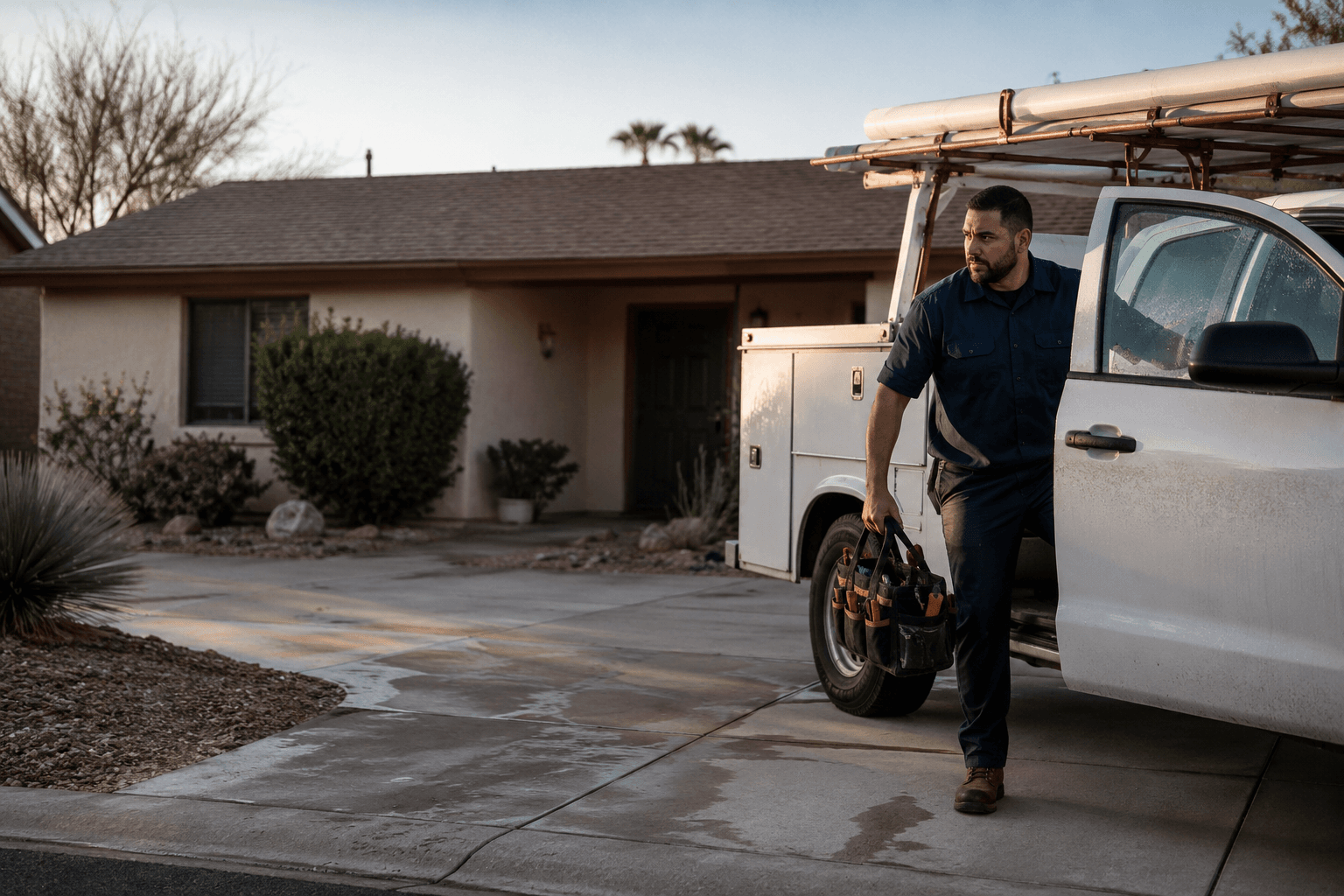 Copper Coyote plumber greeting a homeowner at the door