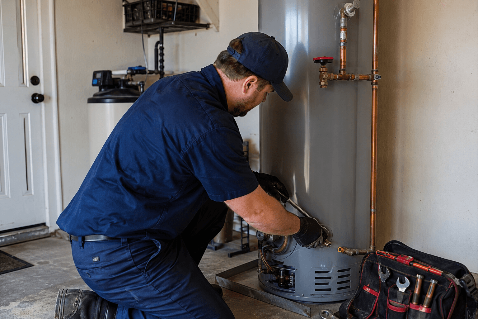 Copper Coyote water heater service in a Phoenix garage